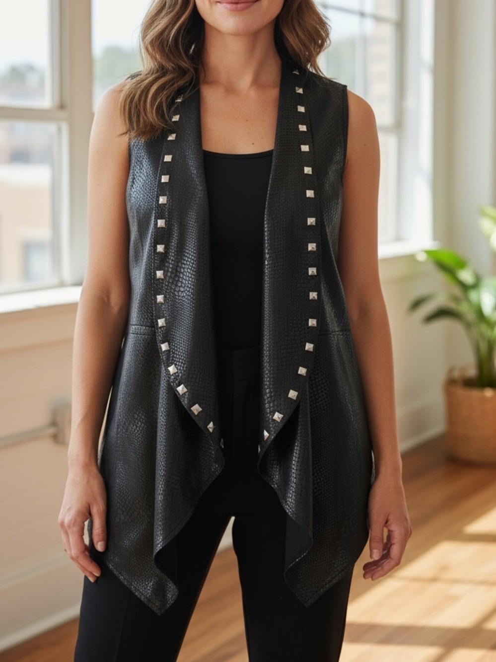 Joseph Ribkoff Black Stud-Trim Faux Leather Sleeveless Moto Long Drape Vest Sz S